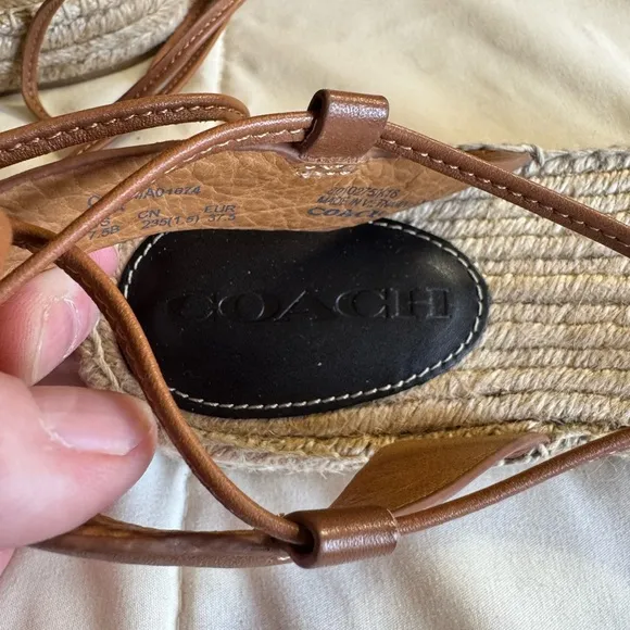 Coach Rita Espadrille Sandals, Black and Brown Leather Tie Up, Size 7