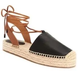 Coach Rita Espadrille Sandals, Black and Brown Leather Tie Up, Size 7