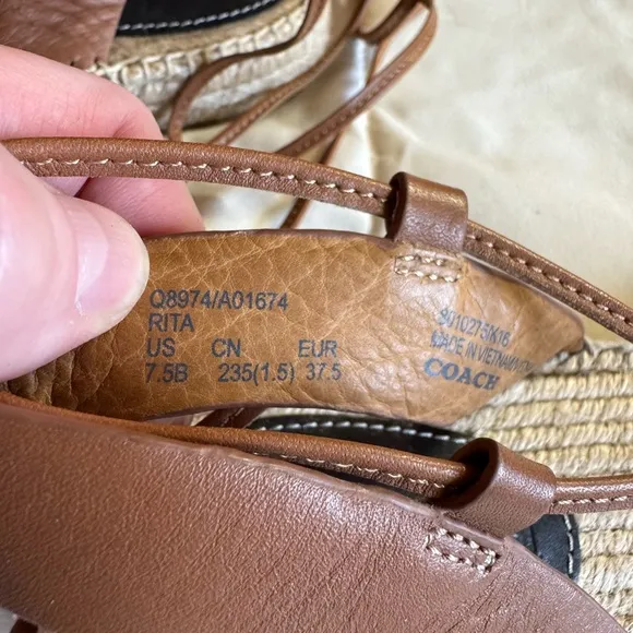 Coach Rita Espadrille Sandals, Black and Brown Leather Tie Up, Size 7