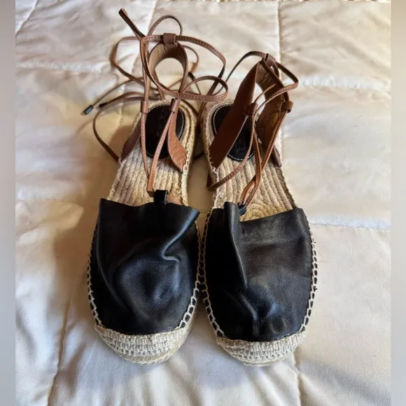 Coach Rita Espadrille Sandals, Black and Brown Leather Tie Up, Size 7