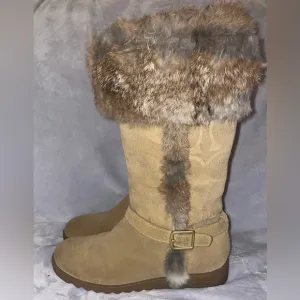 Coach Women’s Deeann Signature C Embossed Rabbit Fur Camel Suede Boots A7294