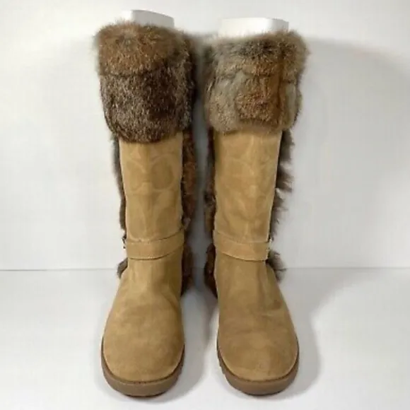 Coach Women’s Deeann Signature C Embossed Rabbit Fur Camel Suede Boots A7294
