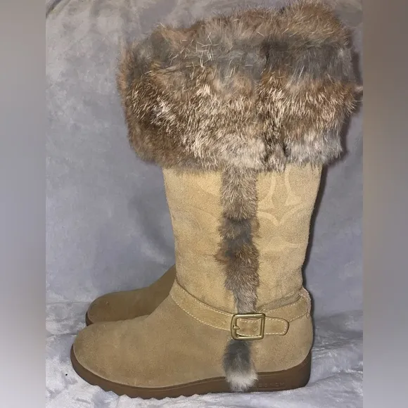 Coach Women’s Deeann Signature C Embossed Rabbit Fur Camel Suede Boots A7294