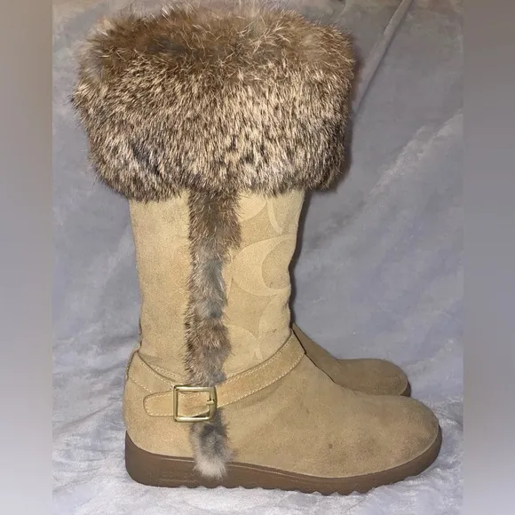 Coach Women’s Deeann Signature C Embossed Rabbit Fur Camel Suede Boots A7294