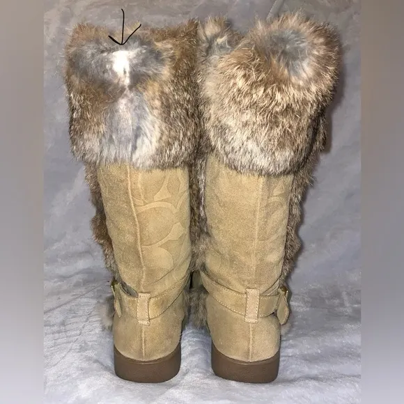 Coach Women’s Deeann Signature C Embossed Rabbit Fur Camel Suede Boots A7294