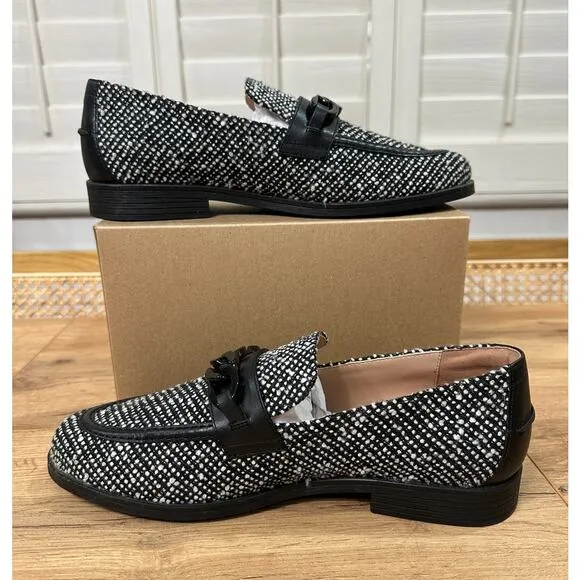 Cole Haan Stassi Chain Tweed Loafers Black &amp; White Tweed Size 10 NWOB Preppy