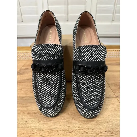 Cole Haan Stassi Chain Tweed Loafers Black &amp; White Tweed Size 10 NWOB Preppy