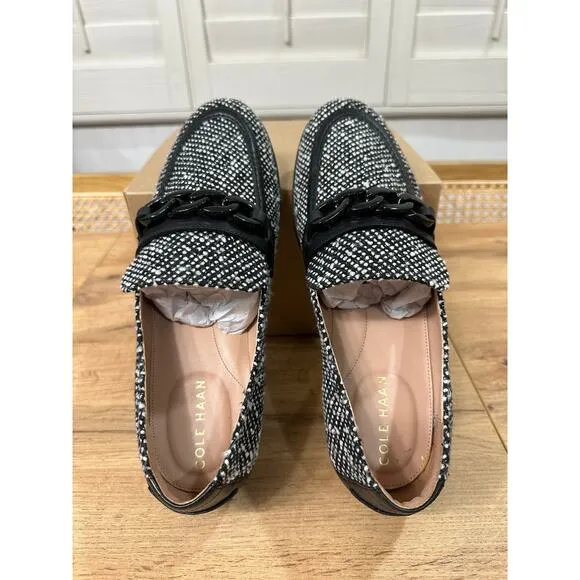 Cole Haan Stassi Chain Tweed Loafers Black &amp; White Tweed Size 10 NWOB Preppy