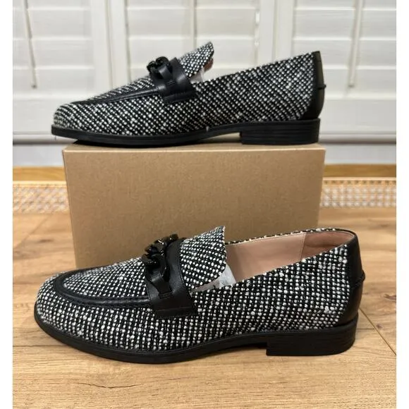 Cole Haan Stassi Chain Tweed Loafers Black &amp; White Tweed Size 10 NWOB Preppy