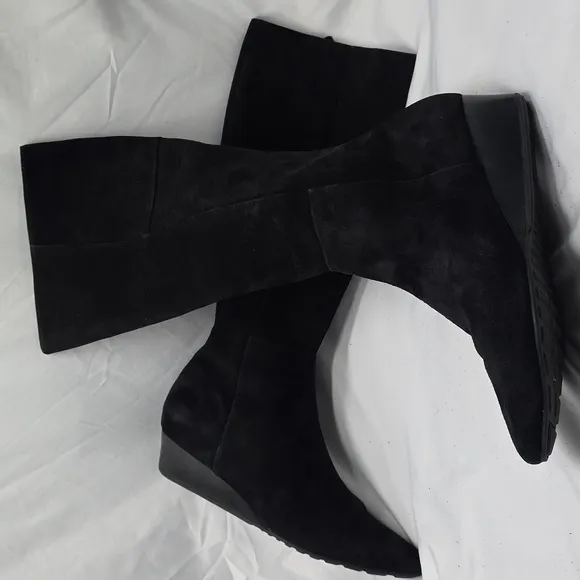 Cole Haan Tali Luxe Wedge Boot 40 Black Suede Knee-High Zippered Boots Size 8.5