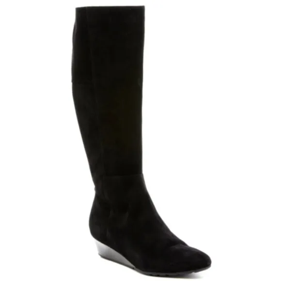Cole Haan Tali Luxe Wedge Boot 40 Black Suede Knee-High Zippered Boots Size 8.5