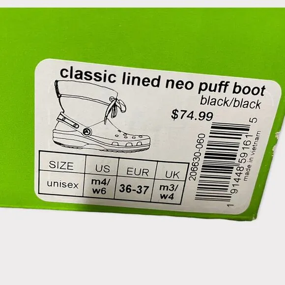 Crocs Classic Lined Neo Puff Boots Black Size 6