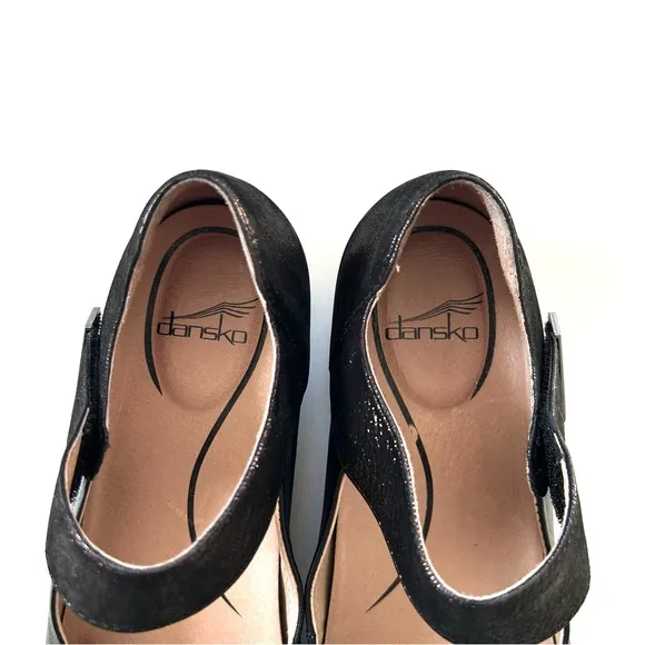 Dansko Black Shimmer Genuine Leather Audrey Ankle Strap Comfort Mary Jane Flats