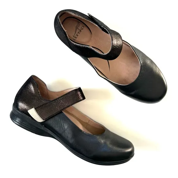 Dansko Black Shimmer Genuine Leather Audrey Ankle Strap Comfort Mary Jane Flats