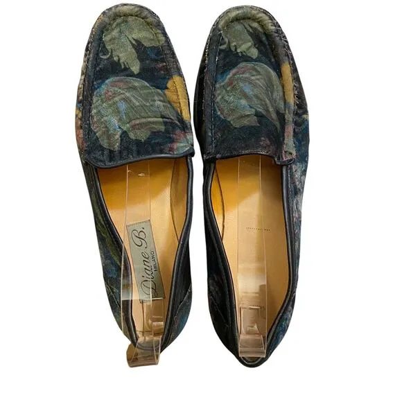 Diane B. Milano Floral Velvet Loafers 1750 Vibram Sole Women's Sz 39.5, US 9-9.5