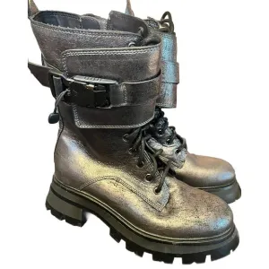 DKNY Women’s Basia Buckled Gunmetal Metallic Block-Heel Combat Boots NWT 6.5