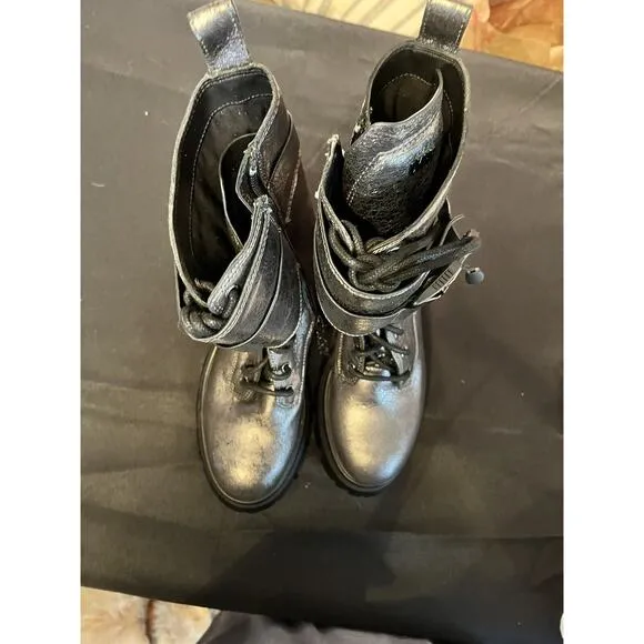 DKNY Women’s Basia Buckled Gunmetal Metallic Block-Heel Combat Boots NWT 6.5