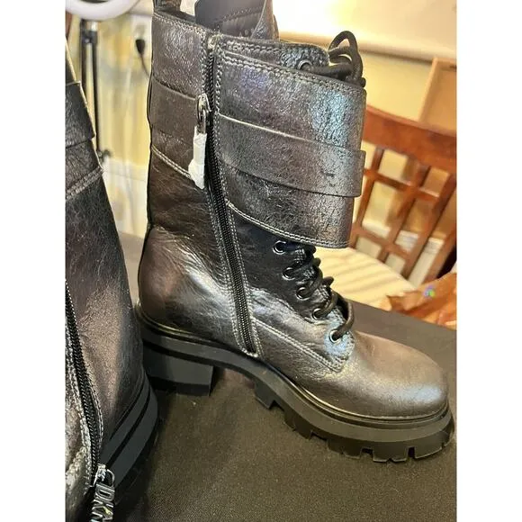 DKNY Women’s Basia Buckled Gunmetal Metallic Block-Heel Combat Boots NWT 6.5