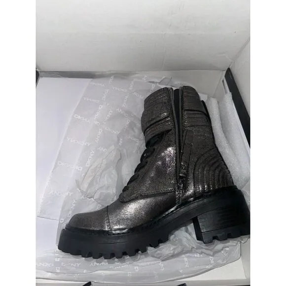 DKNY Womens Basia Leather Metallic Combat &amp; Lace-up Boots Silver 5 Medium