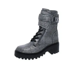 DKNY Womens Basia Leather Metallic Combat &amp; Lace-up Boots Silver 5 Medium