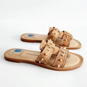 Dolce Vita Welsa Tan &amp; Gold Studded Leather Sandals Flats Women's Size 6.5