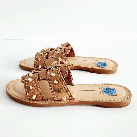 Dolce Vita Welsa Tan &amp; Gold Studded Leather Sandals Flats Women's Size 6.5