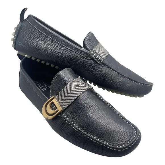 Donald J. Pliner Black Leather Loafers with Gold Buckle Size 10.5