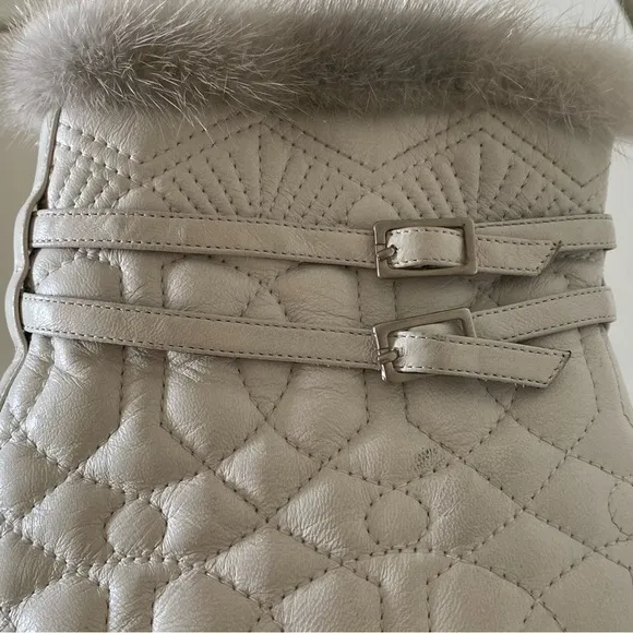 Donald J. Pliner Couture White Leather and Mink Fur Kitten Heel Ankle Bootie