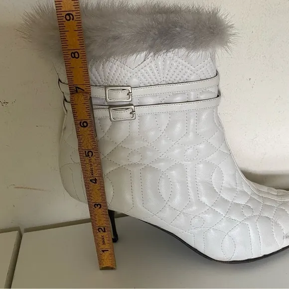 Donald J. Pliner Couture White Leather and Mink Fur Kitten Heel Ankle Bootie