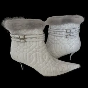 Donald J. Pliner Couture White Leather and Mink Fur Kitten Heel Ankle Bootie