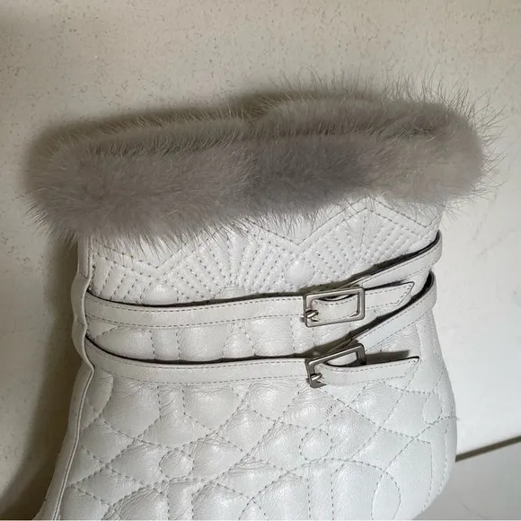 Donald J. Pliner Couture White Leather and Mink Fur Kitten Heel Ankle Bootie