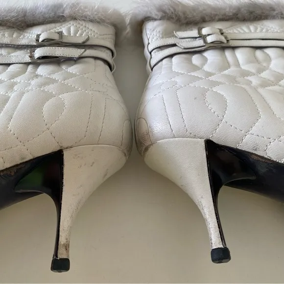 Donald J. Pliner Couture White Leather and Mink Fur Kitten Heel Ankle Bootie