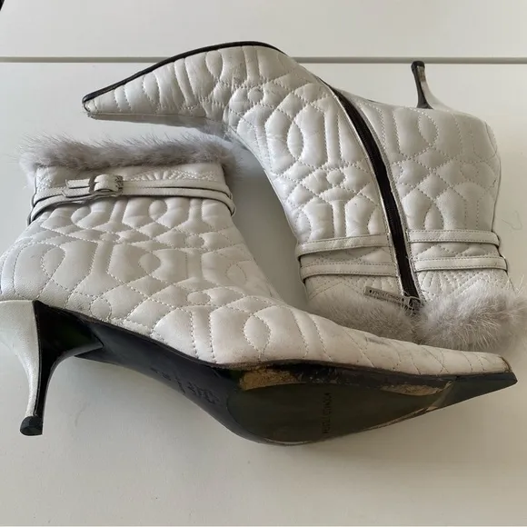 Donald J. Pliner Couture White Leather and Mink Fur Kitten Heel Ankle Bootie