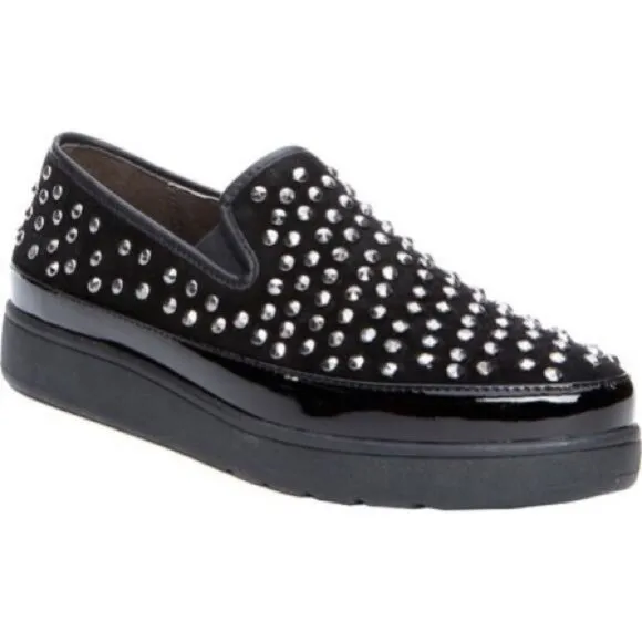 Donald J. Pliner Mickey Studded Platform Chunky Platform Loafers Black Suede