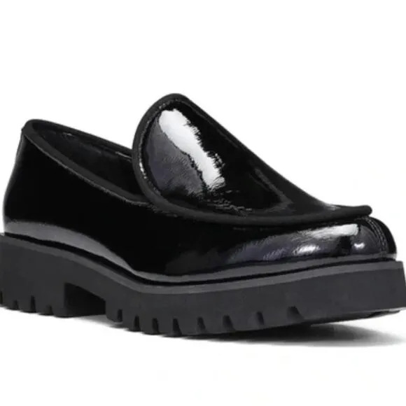 Donald Pliner Hope Patent Leather Loafers 8 Black NWOT Lug Platform Flat Comfort