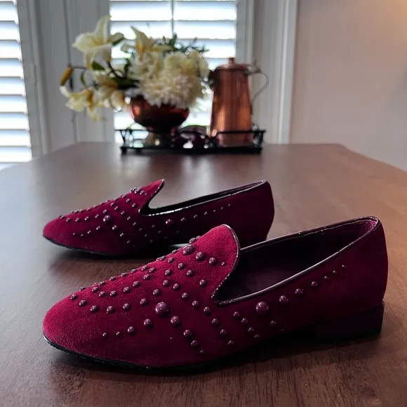 Donald Pliner Rehbel 3 Suede Embellished Loafers in Bull's blood Red. Size 6.5