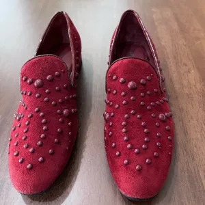 Donald Pliner Rehbel 3 Suede Embellished Loafers in Bull's blood Red. Size 6.5