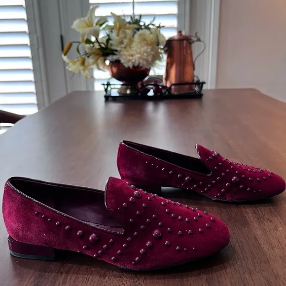 Donald Pliner Rehbel 3 Suede Embellished Loafers in Bull's blood Red. Size 6.5