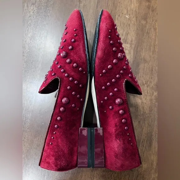 Donald Pliner Rehbel 3 Suede Embellished Loafers in Bull's blood Red. Size 6.5