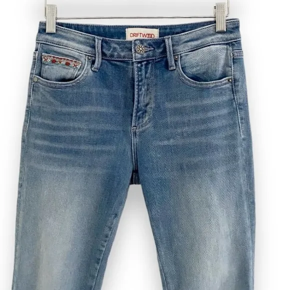 Driftwood Colette Embroidered Southwest Raw Hem Mid-Rise Slim Straight Jeans 25