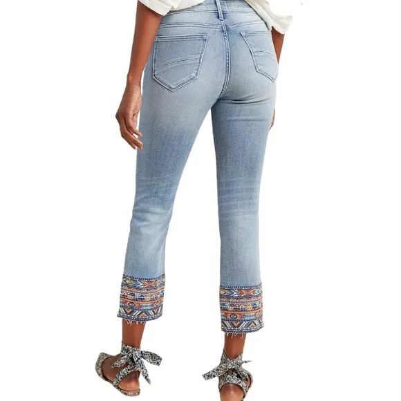 Driftwood Colette Embroidered Southwest Raw Hem Mid-Rise Slim Straight Jeans 25