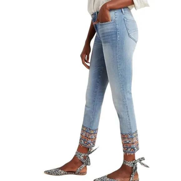 Driftwood Colette Embroidered Southwest Raw Hem Mid-Rise Slim Straight Jeans 25