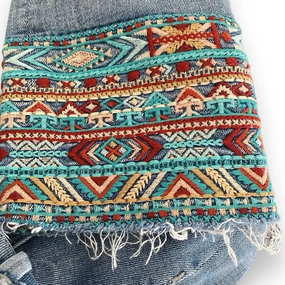 Driftwood Colette Embroidered Southwest Raw Hem Mid-Rise Slim Straight Jeans 25