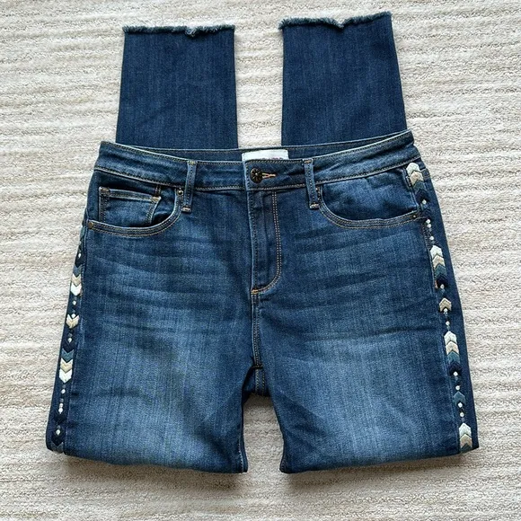 Driftwood Jackie Chevron Embroidered Boho Raw Edge Hem Skinny Jeans Size 28