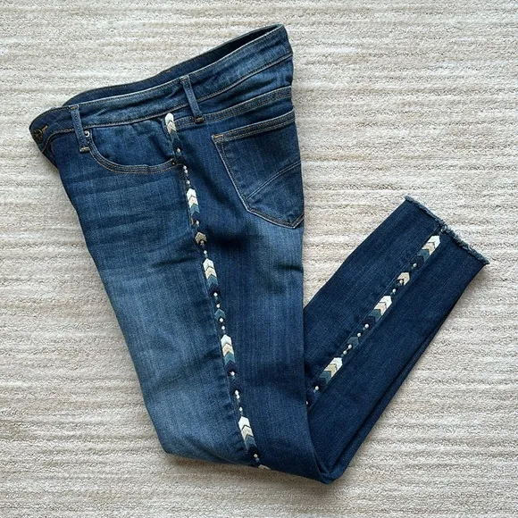 Driftwood Jackie Chevron Embroidered Boho Raw Edge Hem Skinny Jeans Size 28