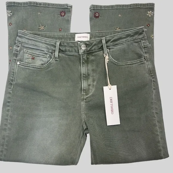 Driftwood Jeans Women 30 Green Floral Embroidered Crop Bootcut Western Denim