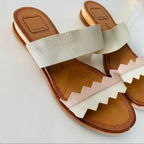 DV DOLCE VITA White Pink Zig Zag Leather Double Strap Sandals Slides Flats 6