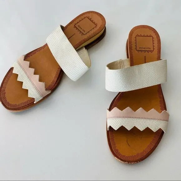 DV DOLCE VITA White Pink Zig Zag Leather Double Strap Sandals Slides Flats 6