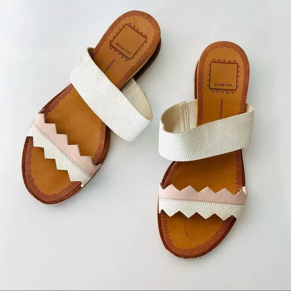 DV DOLCE VITA White Pink Zig Zag Leather Double Strap Sandals Slides Flats 6