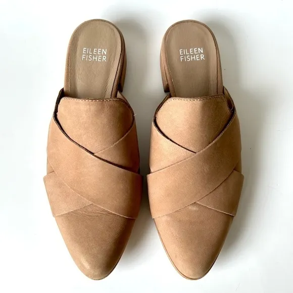 Eileen Fisher Bauer Tumbled Nubuck Mule Tan Leather Crisscross Flat Slide Size 6